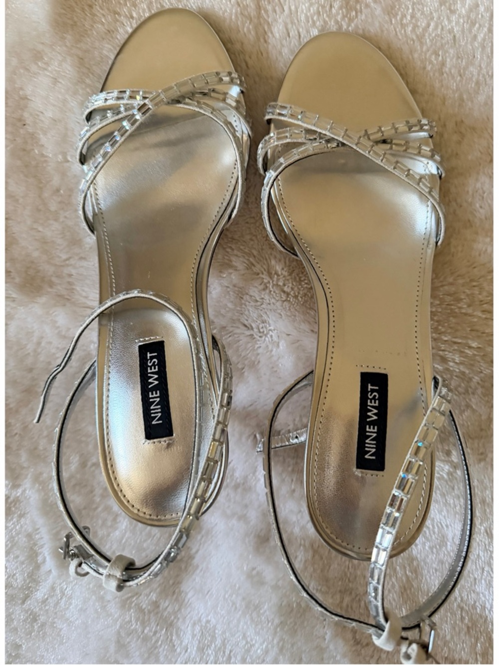 Nine West Amseta Metallic Silver Strappy Embellished Stiletto Evening Heels